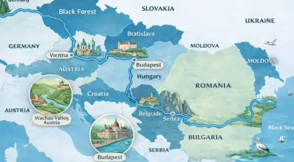 Mapa pokazuje, gdzie płynie Dunaj, od Niemiec przez Austrię (Wiedeń, Dolina Wachau), Węgry (Budapeszt), Serbię (Belgrad) po Rumunię i Morze Czarne.