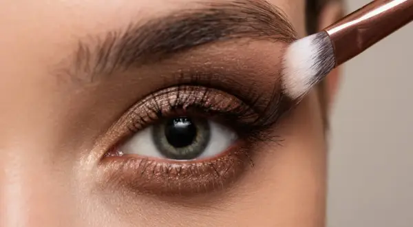 Occhio con trucco elegante, sfumature bronze e un pennello che applica l'ombretto.