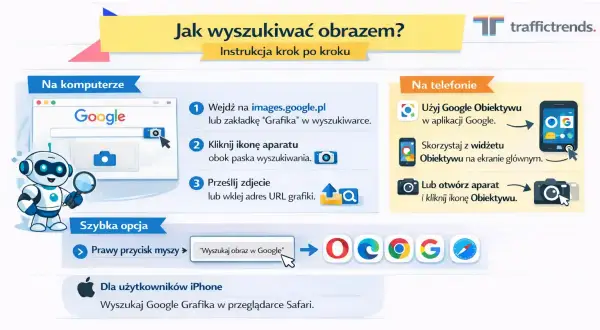 Instrukcja krok po kroku, jak wyszukać po zdjęciu w Google. Pokazuje opcje na komputerze i telefonie, w tym użycie Google Obiektywu.