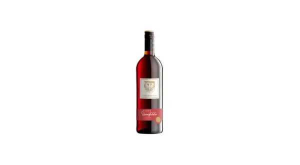 Flasche Dornfelder, Pfalz. Ein bester deutscher Rotwein, der mit seinem tiefen Rubinrot und fruchtigen Aromen begeistert.