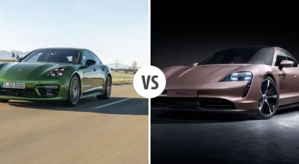 Zielony Porsche Panamera kontra różowy Porsche Taycan, pierwszy porsche elektryczne.