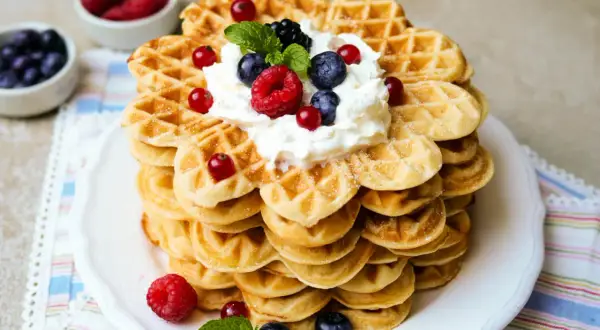 Ein Turm aus herzförmigen Waffeln, gekrönt mit Sahne und Beeren. Dieses waffelteig rezept ist ein Traum!