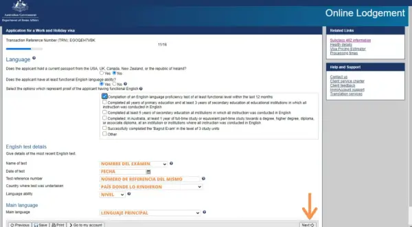 Formulario de solicitud de visa de trabajo y vacaciones para Australia. Se marca la opción de prueba de inglés.
