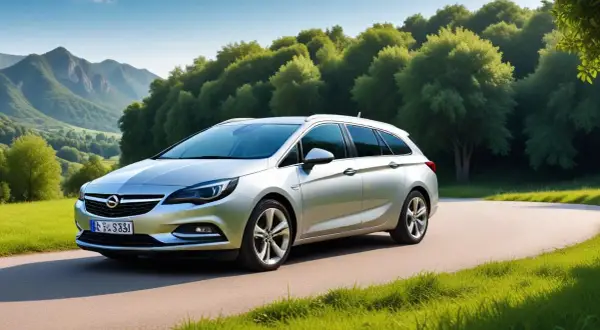 Silver Opel Astra Sports Tourer på en landsväg, omgiven av gröna kullar och träd. Kanske ett problem med bilen?