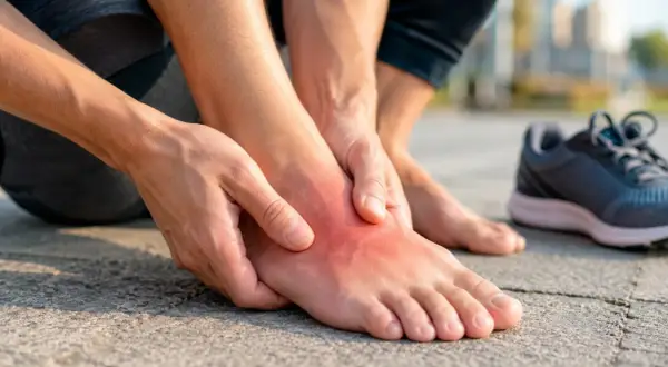 Schmerzende Wade, die auf eine Überlastung des **extensor digitorum longus** Muskels hindeutet. Ein Laufschuh liegt daneben.