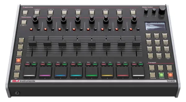 The Isla S2400 sampler, a powerful music production tool, features a sleek black design with numerous buttons, knobs, and sliders for creative control.