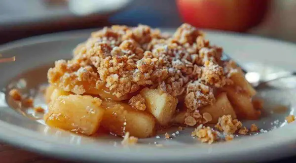 Ein Teller mit warmem Apfel Crumble, bestreut mit Puderzucker. Die Äpfel sind weich und saftig, die Kruste knusprig.