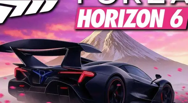 Czarny supersamochód pędzi pośród płatków róż, a w tle widać górę i napis Forza Horizon 6 premiera.