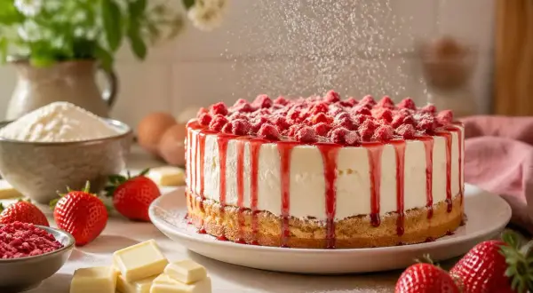 Ein köstlicher Muttertagskuchen mit Erdbeeren, der mit Puderzucker bestäubt wird. Zutaten wie frische Erdbeeren, weiße Schokolade und Mehl sind zu sehen.