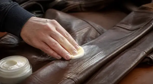 Main d'homme appliquant un produit sur une veste en cuir marron. Un pot de crème est visible. Nettoyer du cuir avec du lait est une astuce.