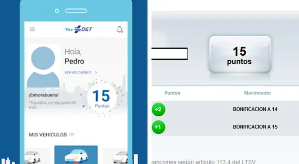 Pantalla de la app Mi DGT muestra "Hola, Pedro" y "15 puntos". A la derecha, un resumen de cómo saber los puntos que tengo, con bonificaciones.