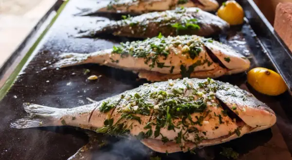 Vier Doraden werden auf einer heißen Platte gegrillt, mit Kräutern und Knoblauch gewürzt. Die Kerntemperatur der Dorade ist entscheidend für den perfekten Garpunkt.