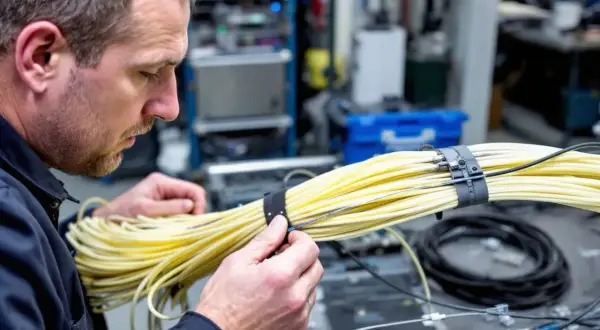 Technicien manipulant un faisceau de câbles fibre optique jaunes. Le prix de la réparation d'un câble fibre optique peut varier.
