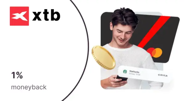 XTB cashback 1% na zakupy. Wypłata środków ile trwa? Złota moneta i karta płatnicza.