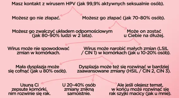 Schemat pokazuje możliwe scenariusze po kontakcie z HPV. Wirus może nie wywołać objawów, zostać zwalczony lub prowadzić do zmian, w tym raka szyjki macicy.