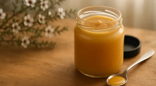 Ein Glas Manuka Honig steht auf einem Holztisch, daneben ein Löffel mit Honig. Die natürliche Manuka honig anwendung ist vielseitig.