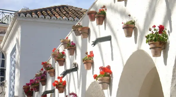 Maceteros de flores adornan una pared blanca, un rincón romántico para saber qué hacer en Nerja en pareja.