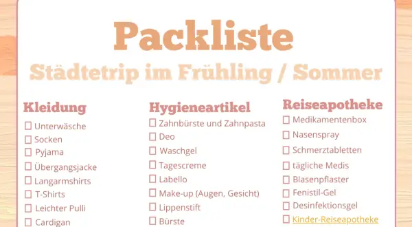 Packliste für einen Städtetrip im Frühling/Sommer mit Kategorien wie Kleidung, Hygieneartikel und Reiseapotheke.