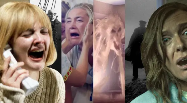 Kadr z popularnych horrorów: przerażone twarze, wampir, duch i sylwetka w mgle.