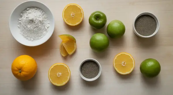 Ingrédients pour remplacer la pectine NH : poudre blanche, citrons, pommes vertes, graines de chia.