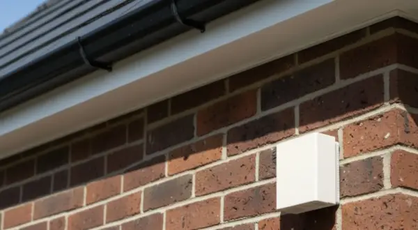 Boîtier blanc fixé sur un mur de briques, sous une gouttière. Peut-être lié à un problème sonde extérieure chaudière.