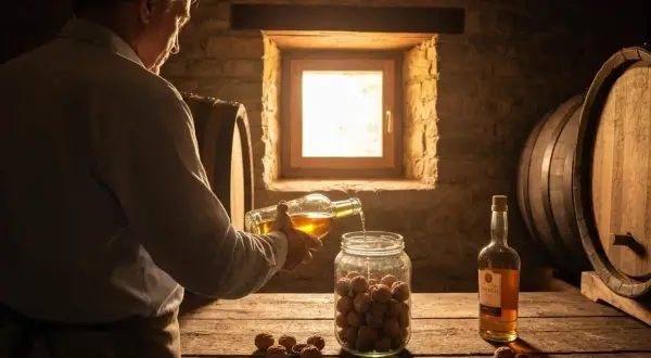 Un homme prépare du vin de noix dans une cave rustique, versant un liquide ambré dans un bocal rempli de noix.