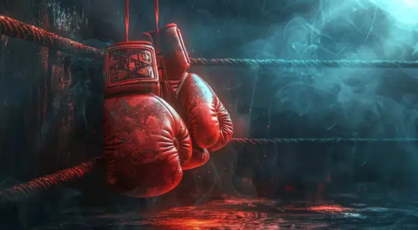 Red boxing gloves hang in a smoky ring, ready for a fight. In boxing, RTD means "Retired.