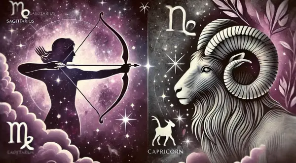 Dwa znaki zodiaku: Strzelec z łukiem i Koziorożec, symbolizujące grudzień znak zodiaku.