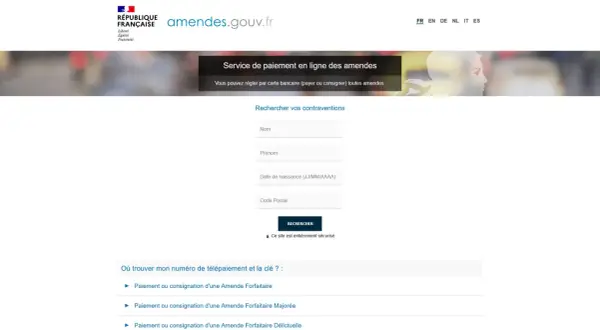 Page de paiement des amendes. Recherchez vos contraventions, y compris une amende forfaitaire, via ce service sécurisé.