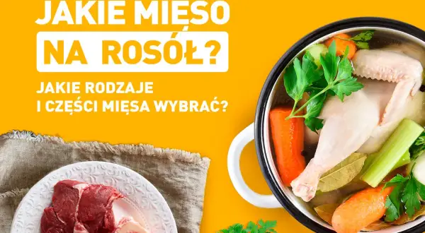 Garnek z gotującym się rosołem z kurczakiem i warzywami obok talerza z surowym mięsem wołowym i kośćmi.