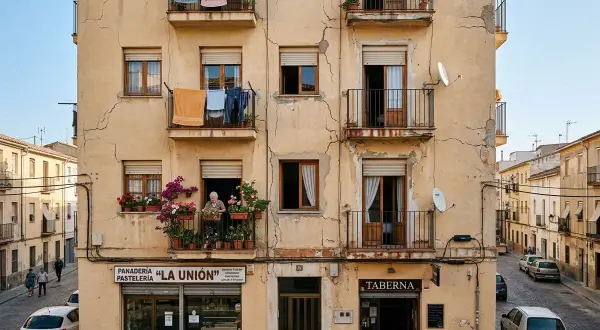 Edificio con fachada exterior agrietada, ropa tendida en balcones y una anciana cuidando flores. Necesita reparar fachada exterior.