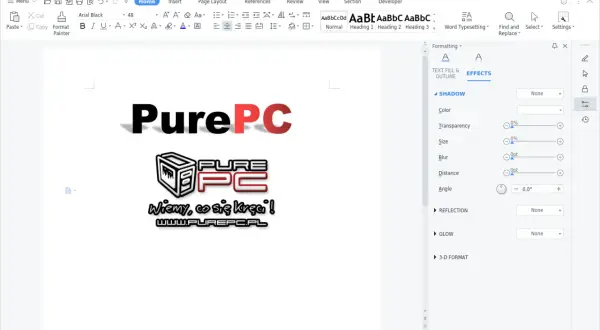 WPS Writer z opcjami formatowania tekstu, w tym efektami cienia. Dostępne jest **free office** do edycji dokumentów.