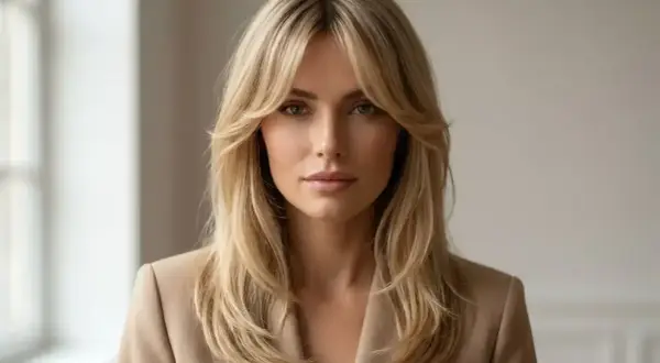 Kobieta w beżowej marynarce z blond włosami i subtelnymi, **wispy bangs** (przedziałek na środku, włosy opadające na boki).
