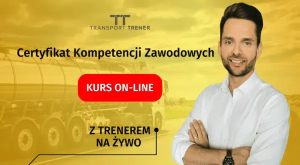 Uśmiechnięty mężczyzna w białej koszuli zaprasza na kurs online "Certyfikat Kompetencji Zawodowych" z trenerem na żywo. W tle cysterna.
