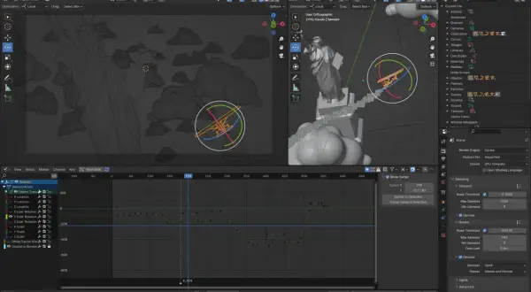 Intro do animacji samolotu wśród chmur, z widocznym wykresem ruchu i ustawieniami sceny w Blenderze.