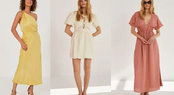 Trzy modelki prezentują letnie sukienki polskiego producenta: żółtą satynową, kremową z bufiastymi rękawami i łososiową maxi.