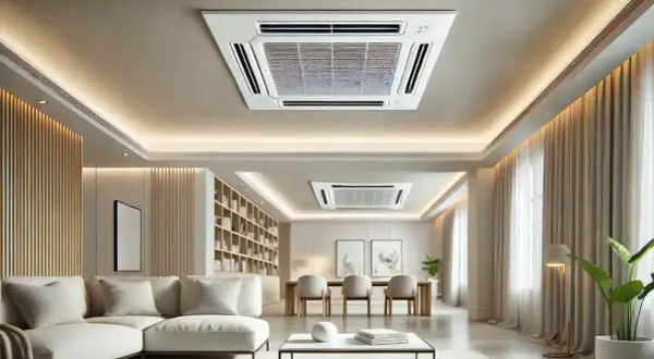 Un salon moderne avec un système de clim gainable plafond discret, un canapé blanc confortable et une bibliothèque murale.