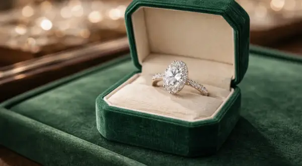 Anillo de compromiso ovalado con diamantes, uno de los tipos de anillos de pedida más elegantes, en su caja de terciopelo verde.