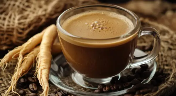 Tazza di caffè fumante con radici di ginseng e chicchi di caffè tostati. Il ginseng è un ingrediente che dona energia.