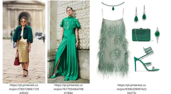 Kobiety w stylizacjach w odcieniach zieleni, od butelkowej po **kolor szmaragdowy**. Eleganckie suknie, futrzane kurtki i błyszczące dodatki.