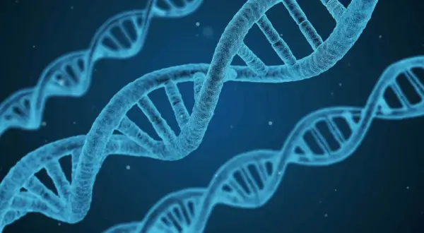 Błękitne helisy DNA, symbol życia i innowacji, jakby stworzone przez synektik sa, unoszą się w przestrzeni.