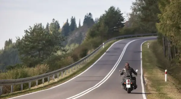 Motocyklista na zakręcie górskiej drogi, otoczony drzewami.