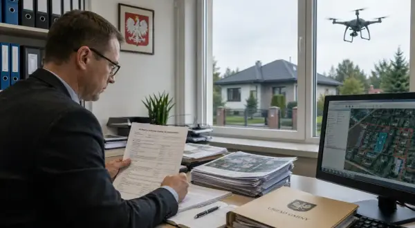 Urzędnik analizuje dokumenty dotyczące podatku od nieruchomości, podczas gdy dron monitoruje teren z góry.