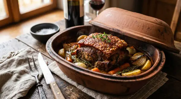 Saftiges Fleisch garen im Topf mit knuspriger Kruste, Kartoffeln, Karotten und Zwiebeln. Ein Festmahl!