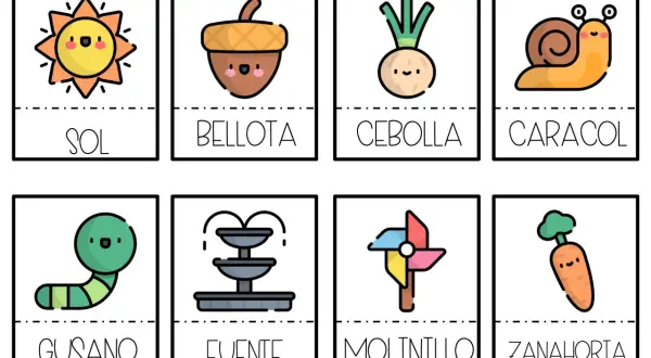 Tarjetas con dibujos de sol, bellota, cebolla, caracol, gusano, fuente, molinillo y zanahoria. Vocabulario de primavera para aprender.