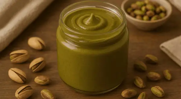 Vasetto di cremosa pasta di pistacchio, circondato da pistacchi sgusciati e con guscio.