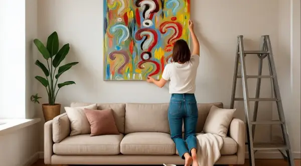 A woman hangs a colorful, question-mark-filled painting, pondering how to choose art for her home.
