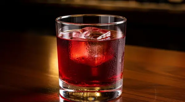 Ett glas med en röd negroni, isbitar och kondens på glaset, på en träyta. Perfekt för ett negroni recept.