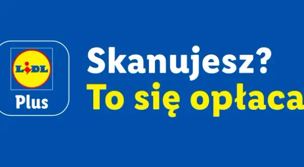 Logo Lidl Plus i napis "Skanujesz? To się opłaca." zachęcają do korzystania z aplikacji Lidl.