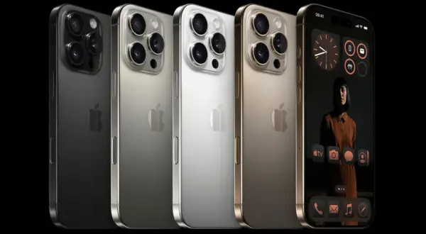 Quatre iPhones Pro en noir, vert, argent et or, avec un écran affichant une femme et des icônes. L'iphone 16 date de sortie reste un mystère.